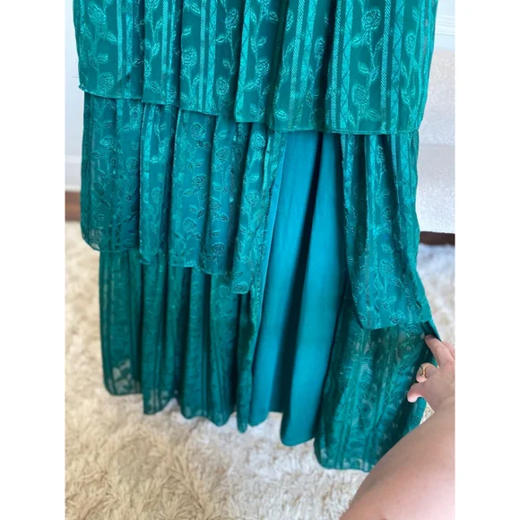 Lulus Emerald Green Maxi Dress Tiered Ruffle Romantic Wedding Guest Cottagecore - Picture 9 of 12